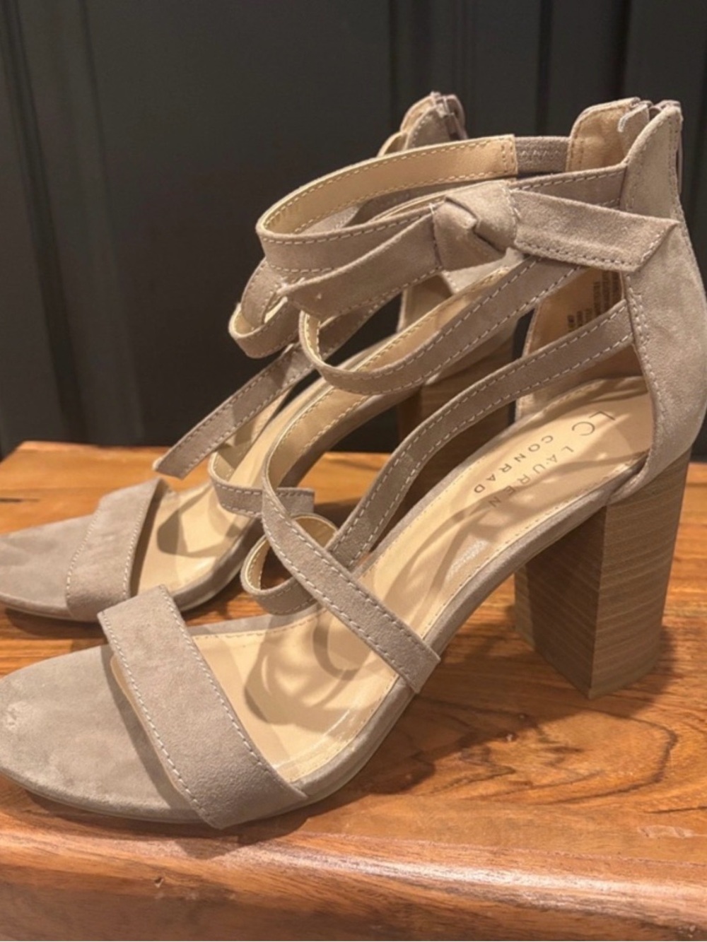 Carina Suede Strappy Block Heel Sandals in Taupe